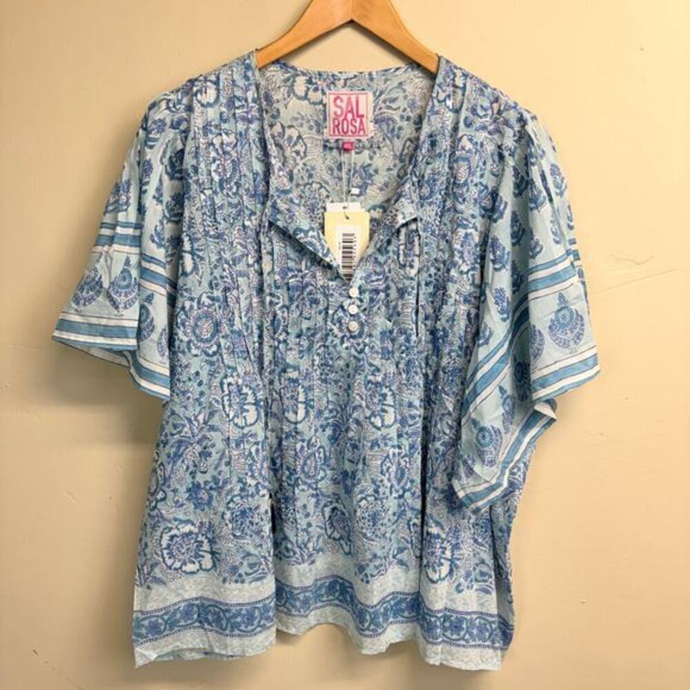 NWT Sal Rosa Silk Blend Blue White Short Sleeve Peasant Top Size 4X